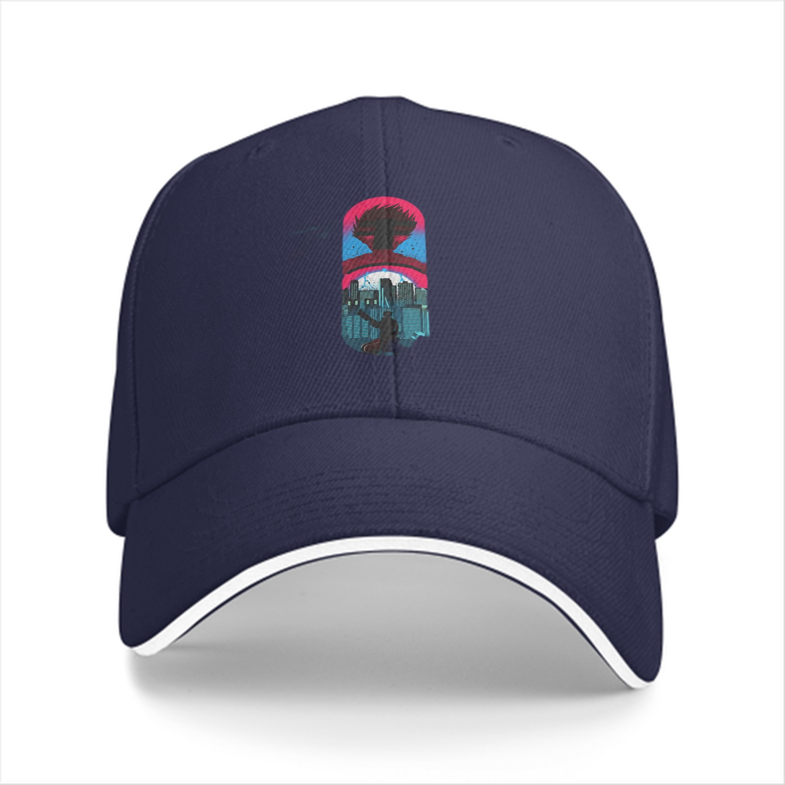 Black Baseball Cap With Cyberpunk City Silhouette Graphic