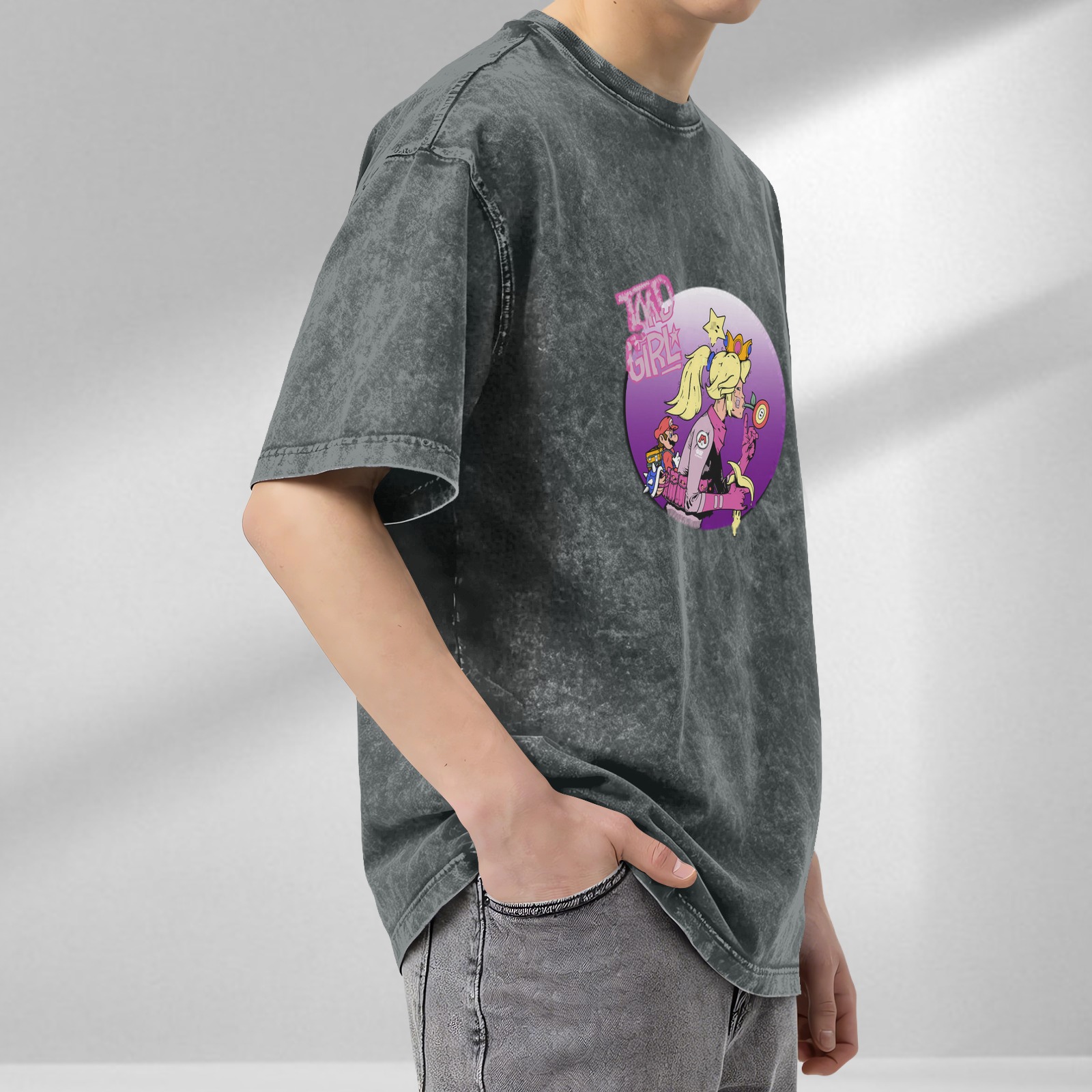 acid wash t-shirt with mario kart princess peach graphic