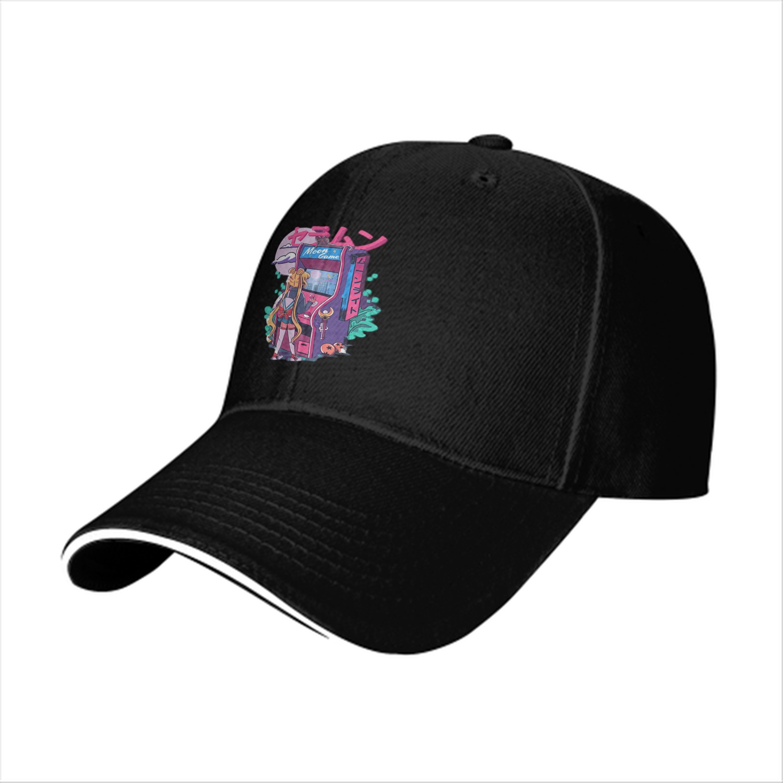 Black Baseball Cap With Anime Arcade Game Graphic