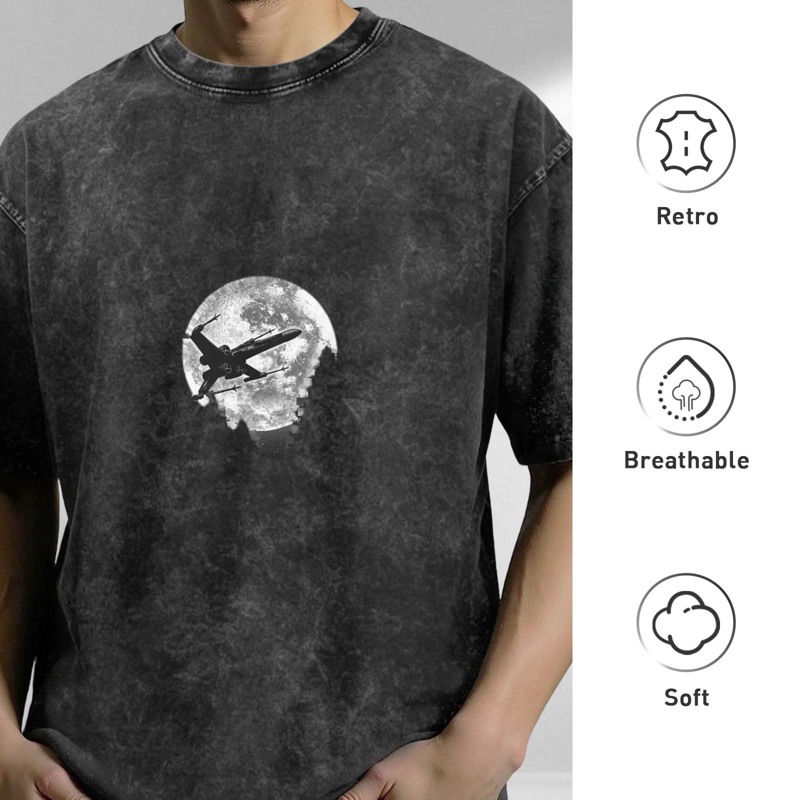 Washed Black T-Shirt With Full Moon and Starfighter Silhouette Print