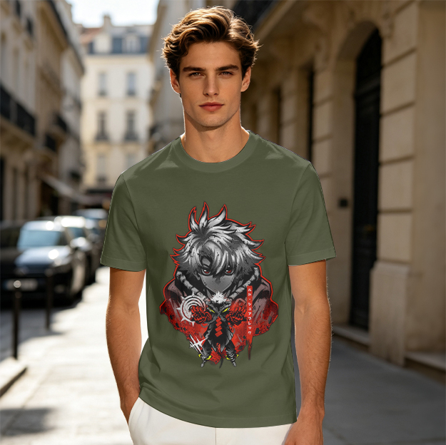 Olive Anime Character Graphic Short Sleeve T-Shirt