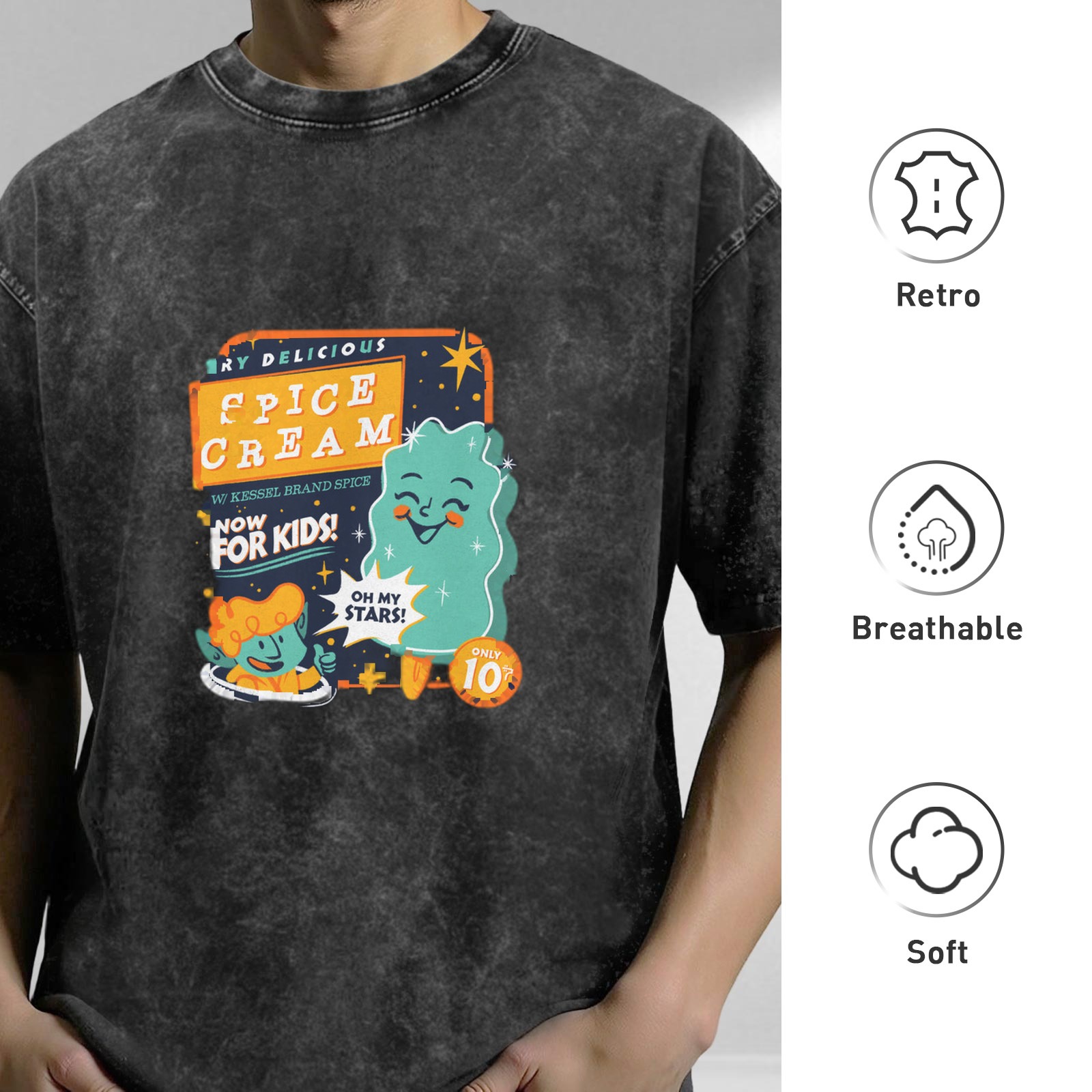 acid wash black t-shirt with retro space spice cream kids graphic