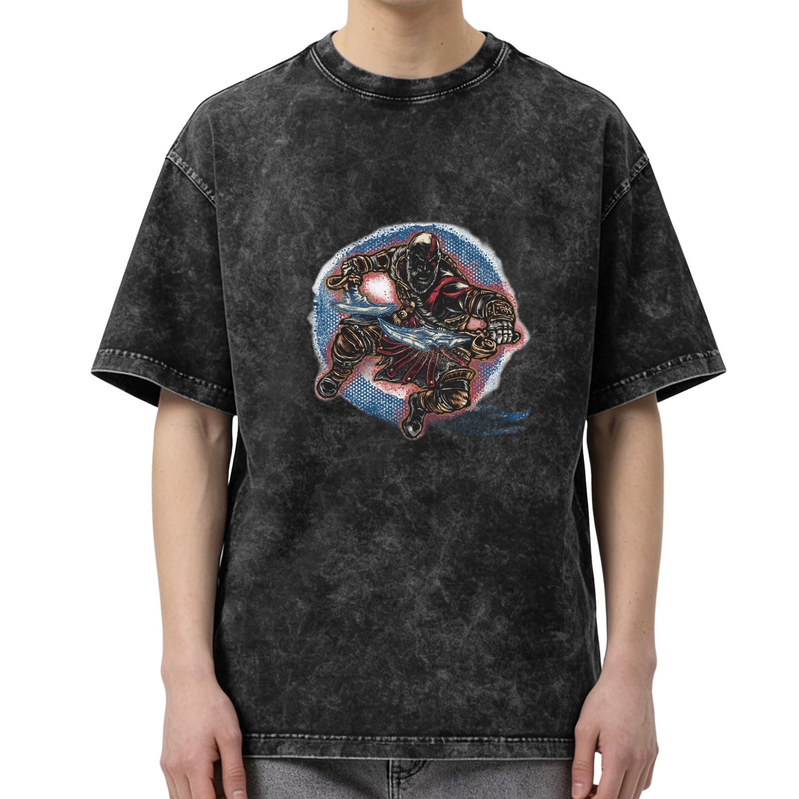 Washed Black Oversized T-Shirt With Warrior Graphic Print