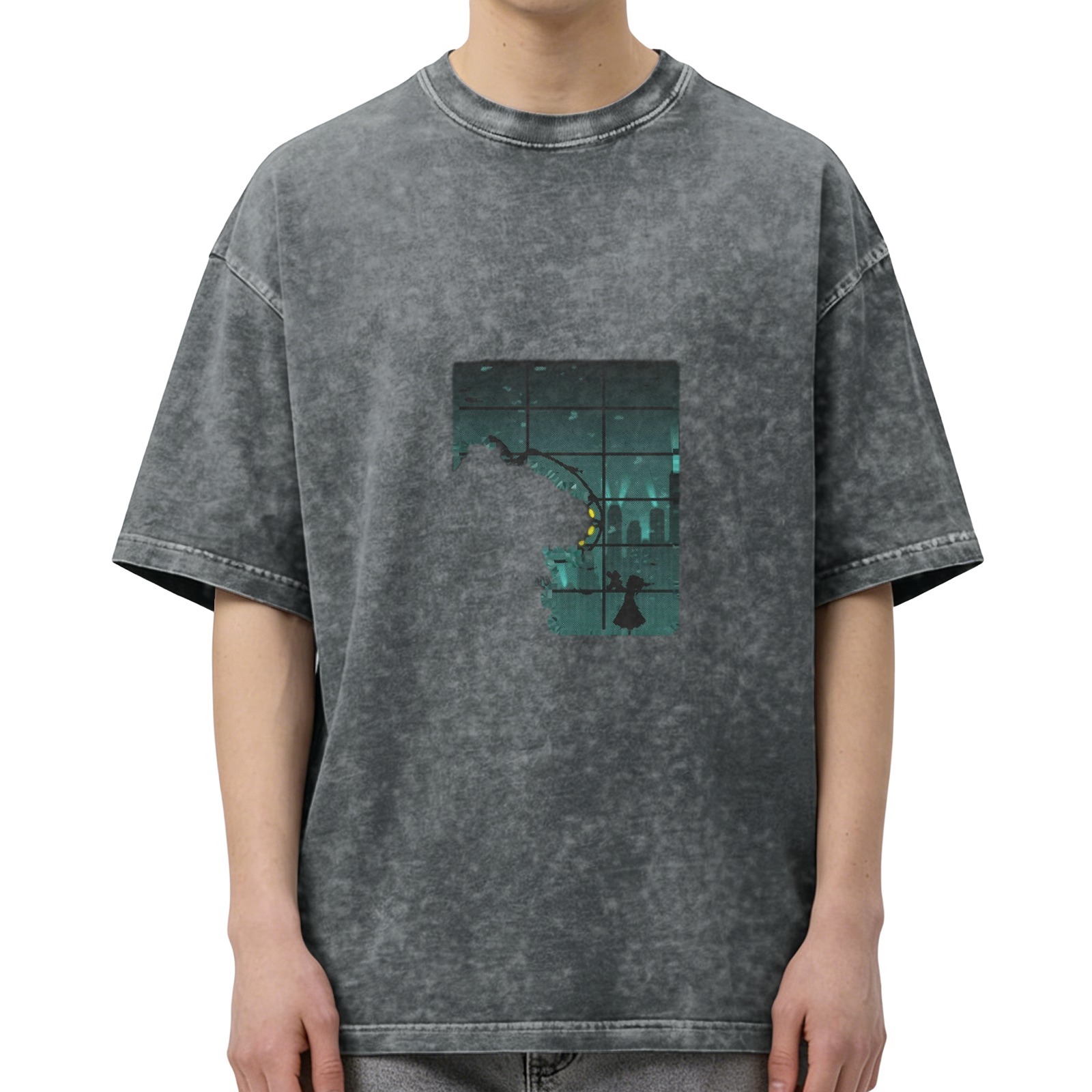 Washed Black Graphic T-Shirt With Window Monster Silhouette Print
