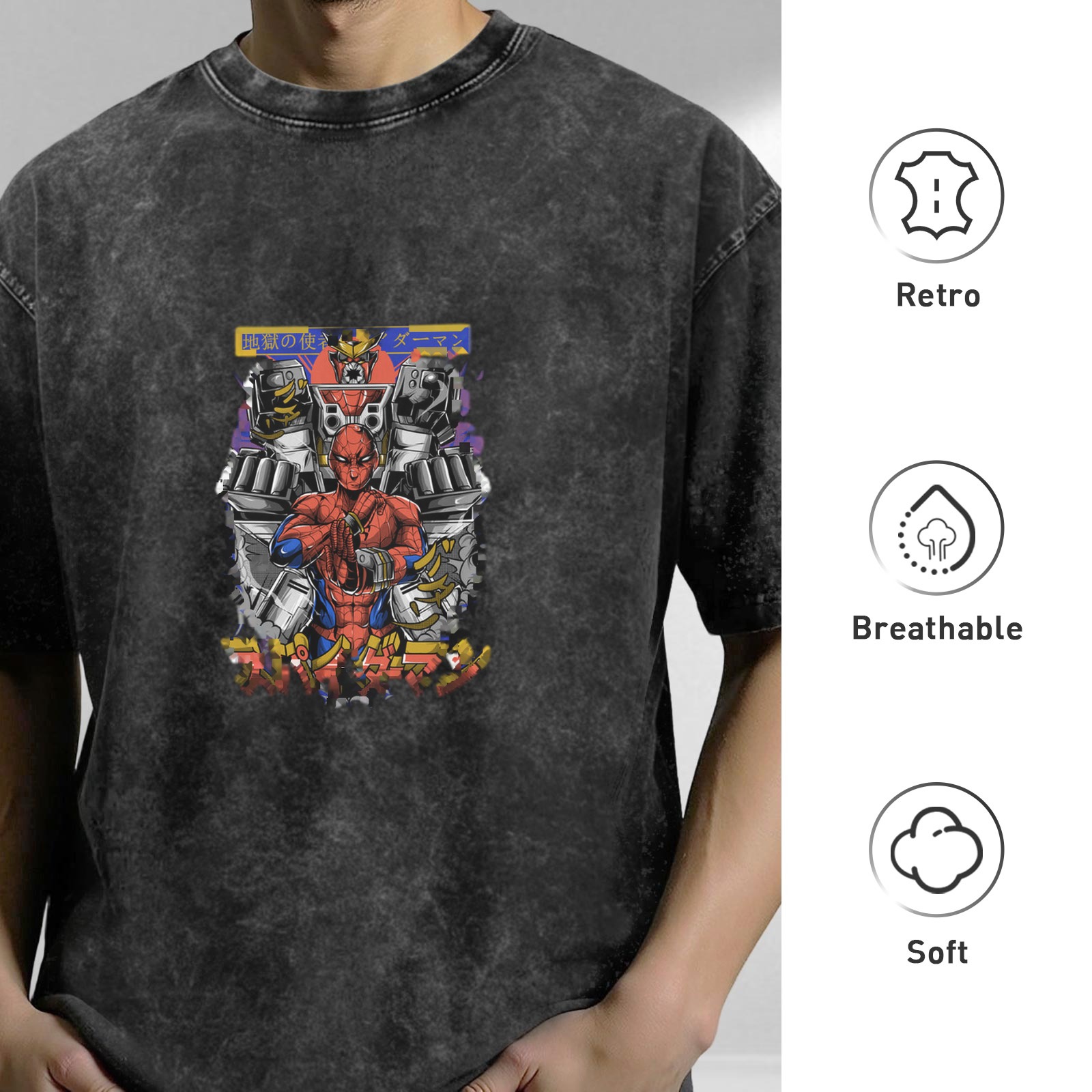 Oversized Acid Wash T-Shirt with Anime Spider Mecha Graphic