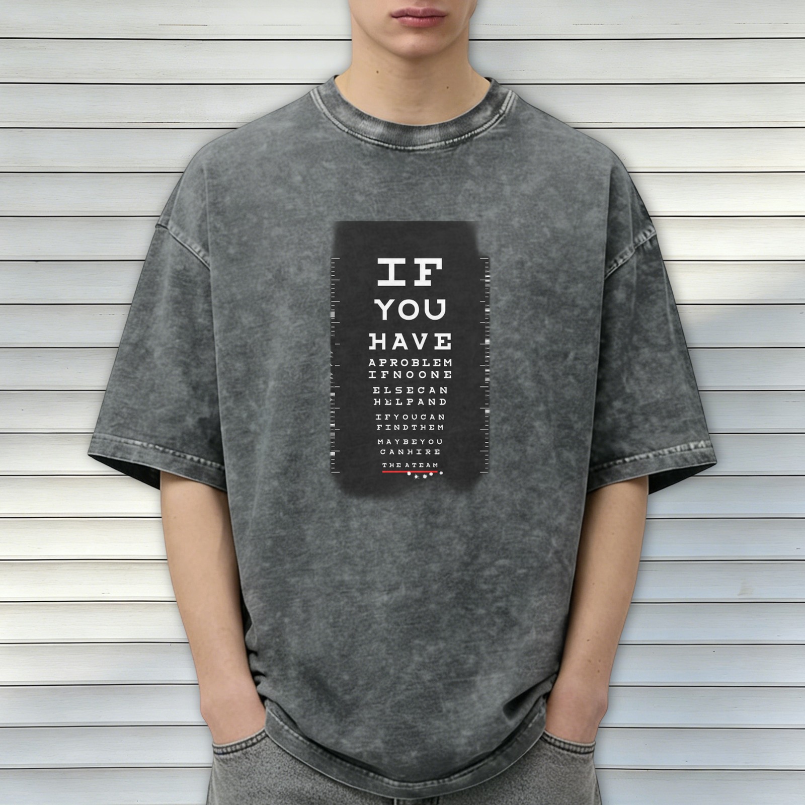 Washed black graphic t-shirt with eye chart style text design
