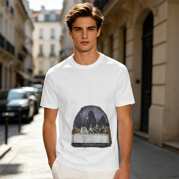 Olive Green T-Shirt with Skeletal Last Supper Graphic Print