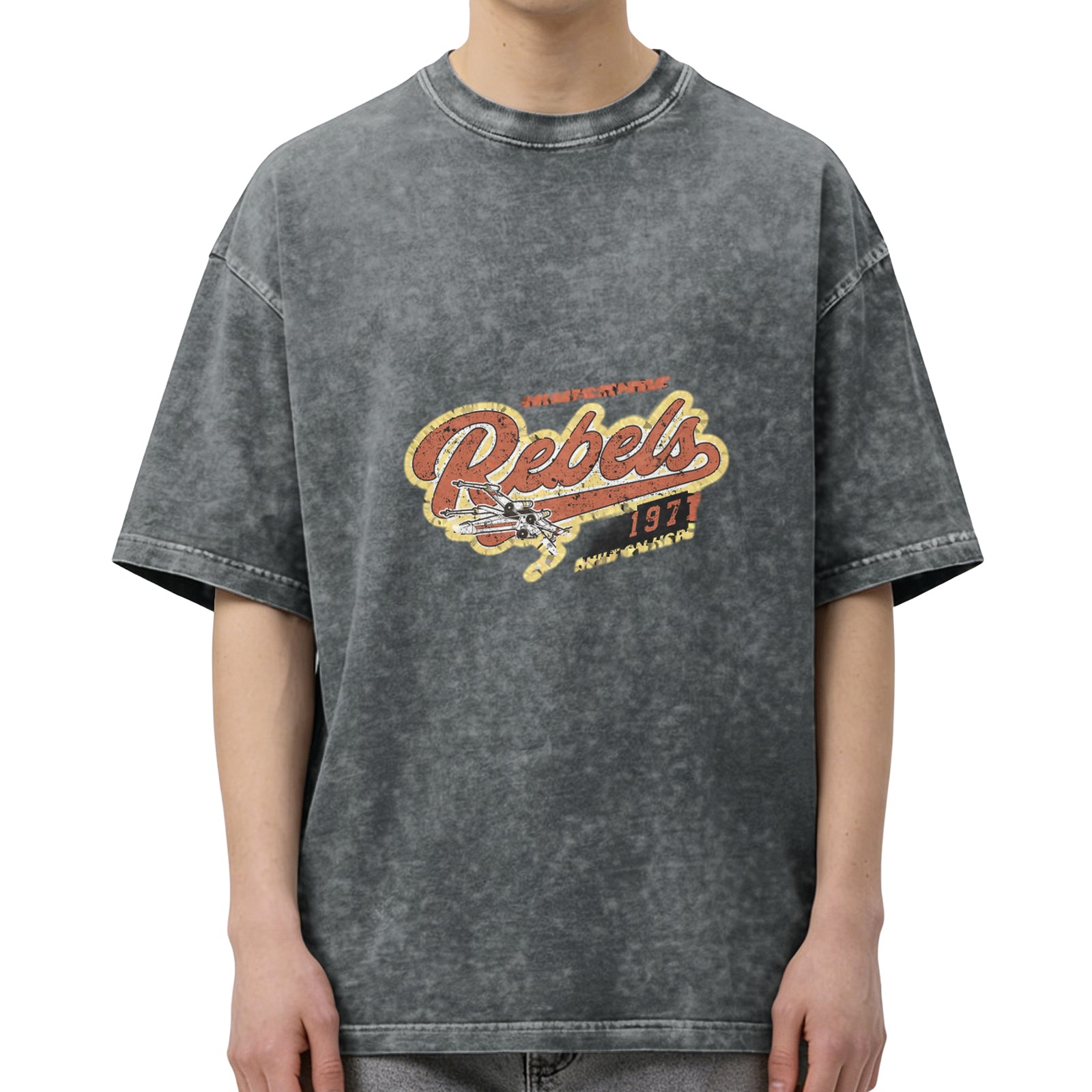Distressed washed black Rebels theme printed loose short-sleeved T-shirt