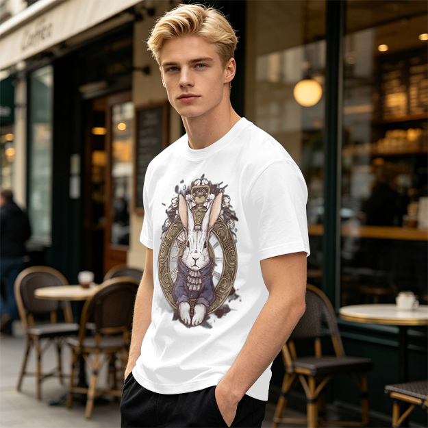 Olive T-Shirt With Steampunk White Rabbit Pocket Watch Art