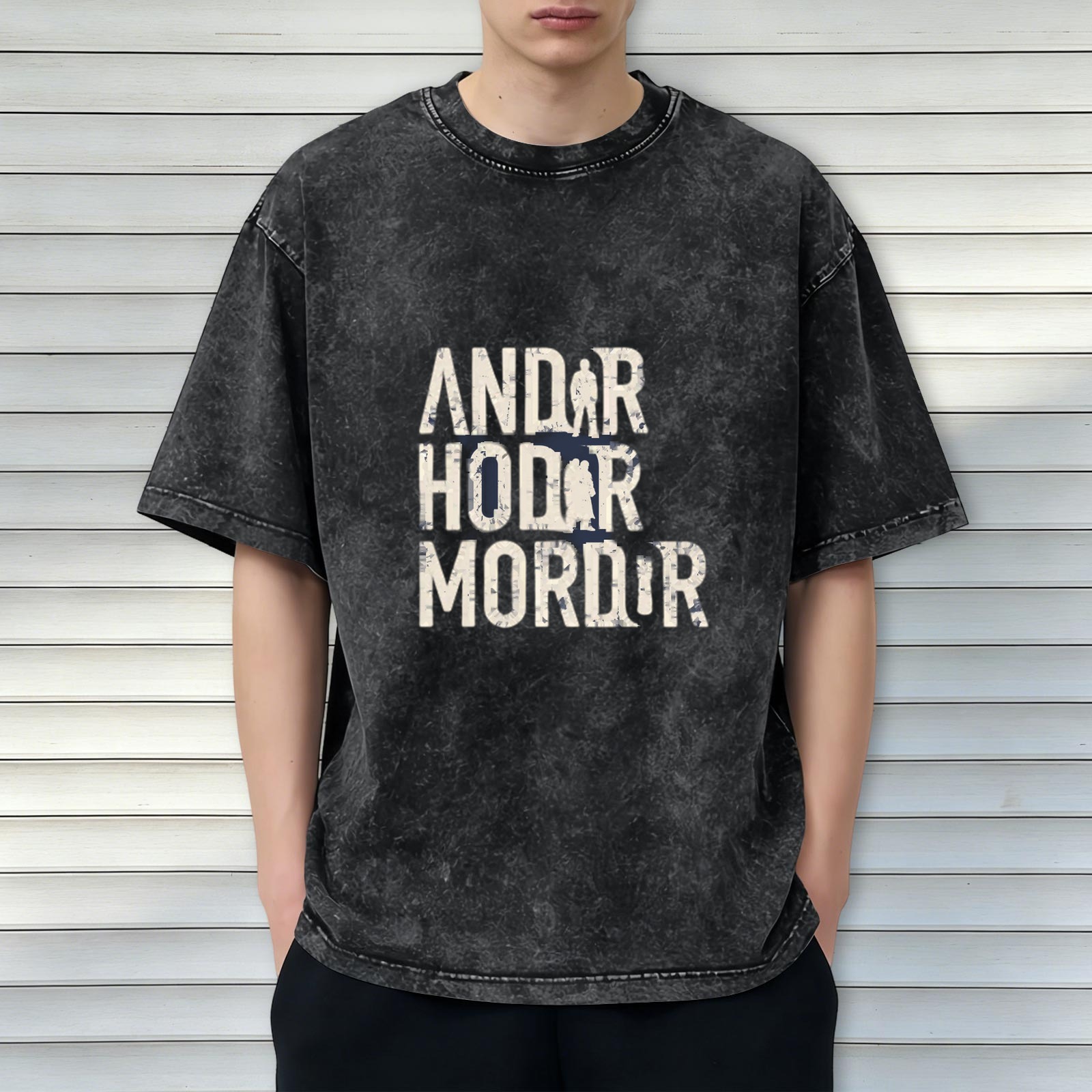 Distressed printed short-sleeved T-shirt men's loose washed black round neck top