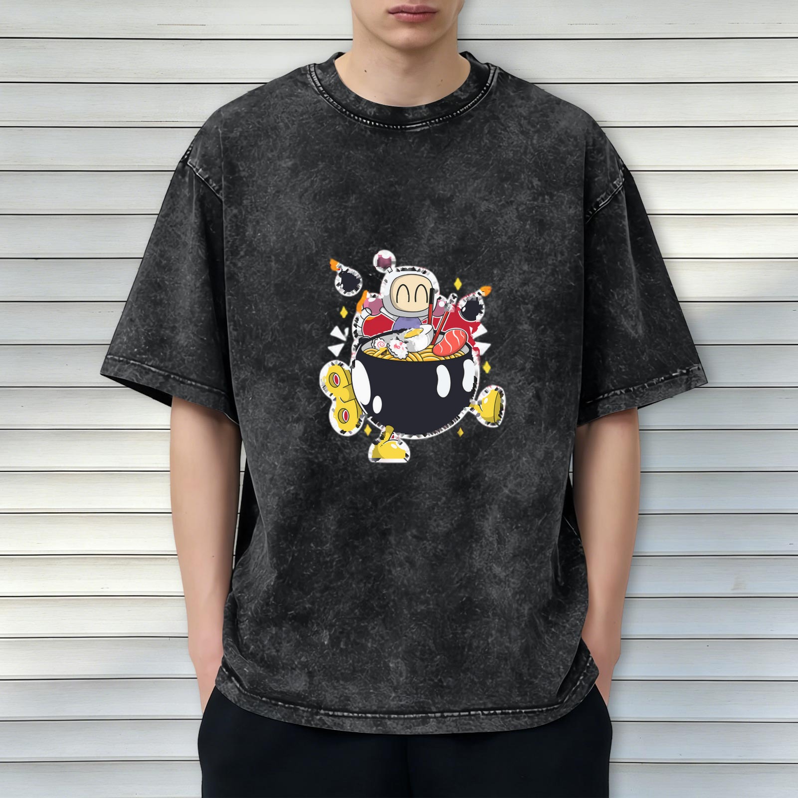 Washed black graphic t-shirt with cartoon bomber ramen bowl design