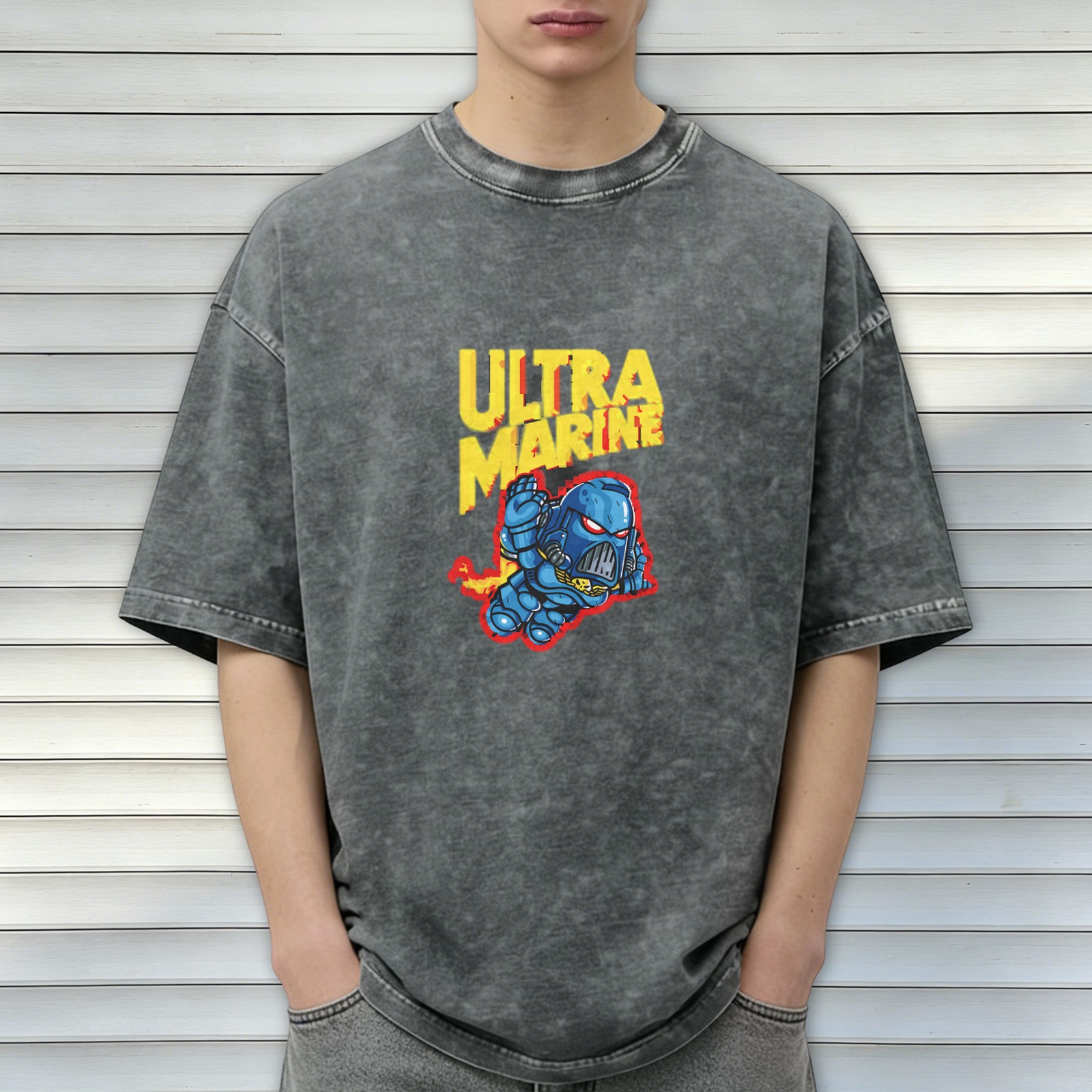 Warhammer 40k Ultramarine Space Marine Graphic Oversized Stone Wash T-Shirt