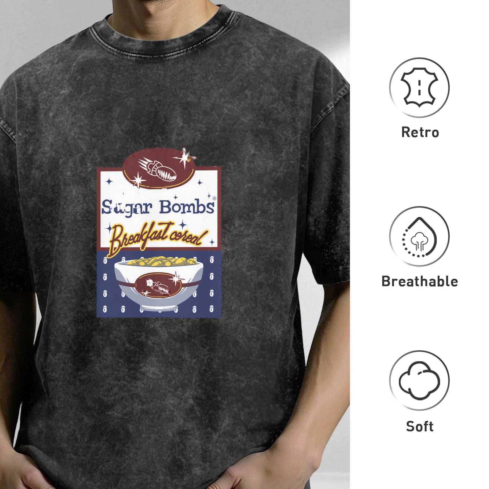 Sugar Bombs Breakfast Cereal Graphic Black Acid Wash T-Shirt