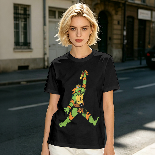 Olive T-Shirt with Michelangelo Ninja Turtle Holding Pizza Print