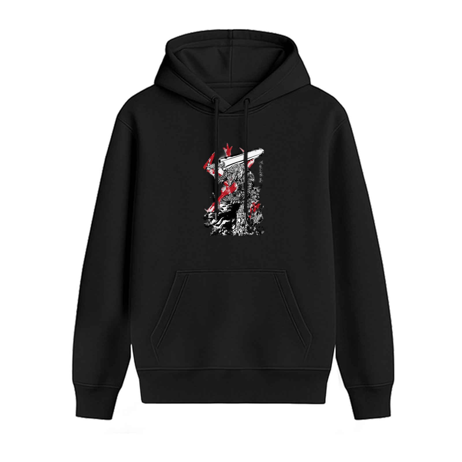 Black hoodie with stylized gun and red graphic print