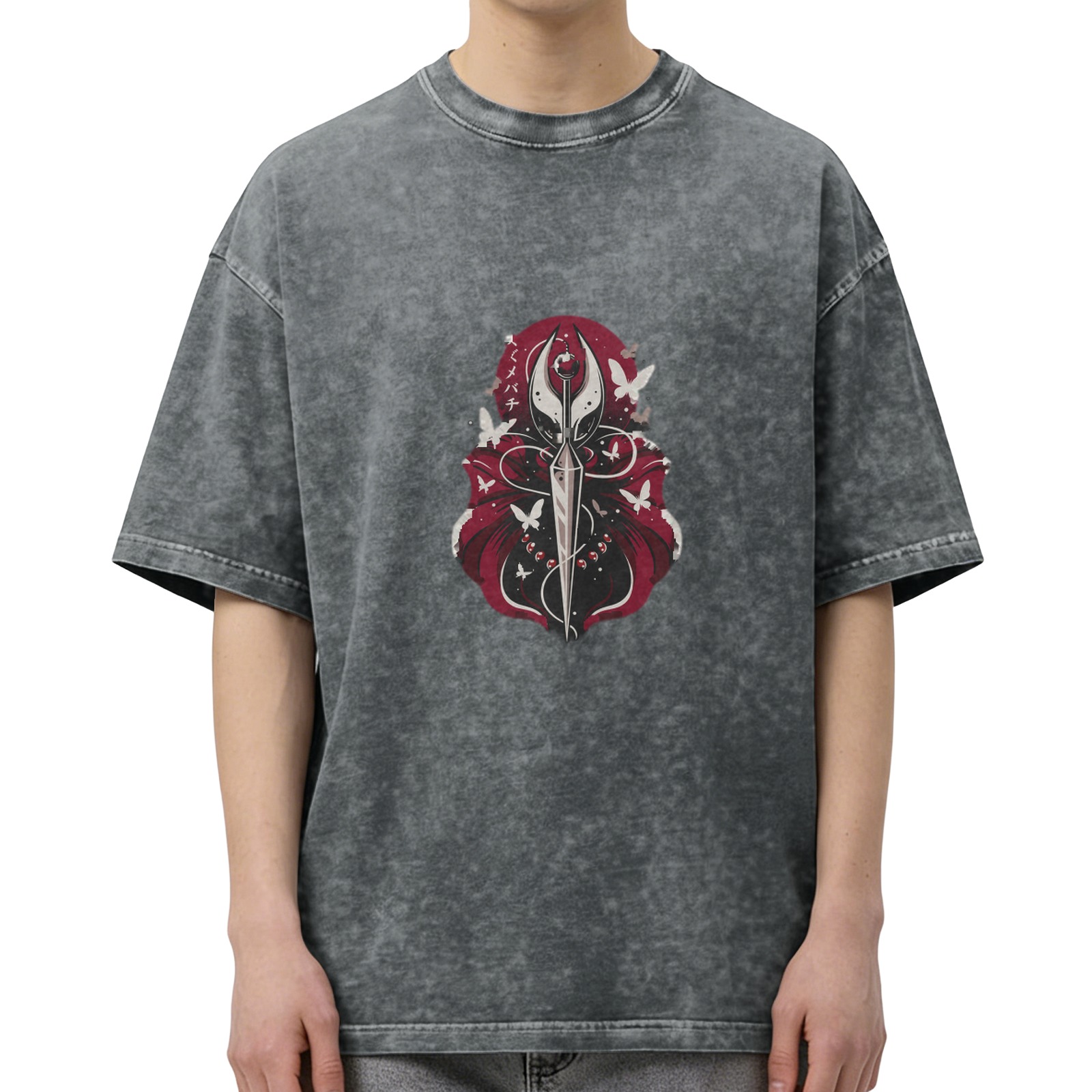 Washed Black T-Shirt With Fantasy Sword And Butterfly Graphic
