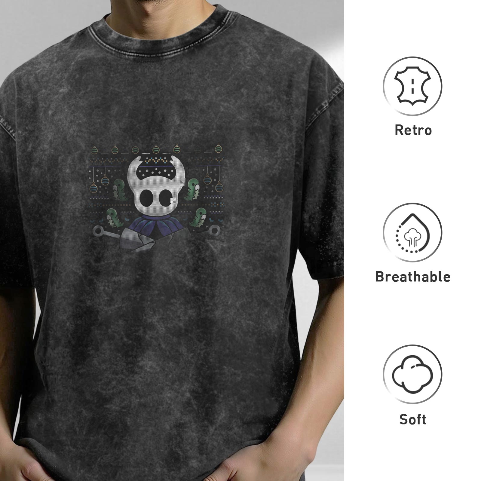 Washed Black T-Shirt with Hollow Knight Themed Print