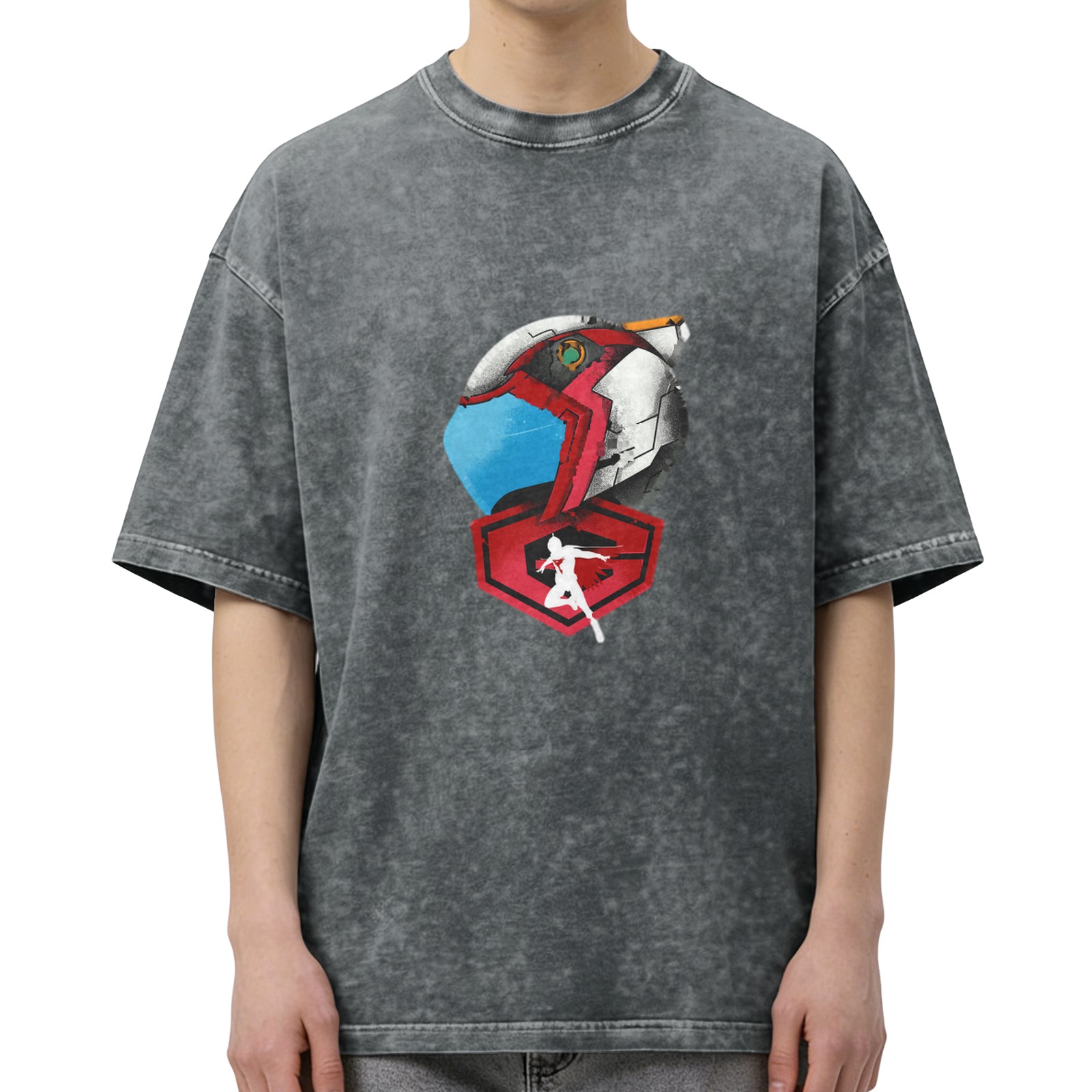 Oversized Acid Wash T-Shirt With Anime Mech Helmet Print