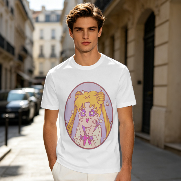 Olive T-shirt with excited anime girl star eyes graphic