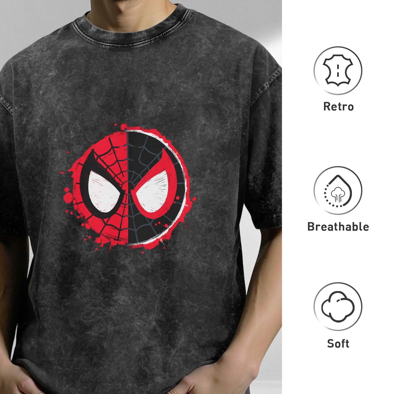 Oversized Spider-Man Split Mask Graphic Acid Wash T-Shirt