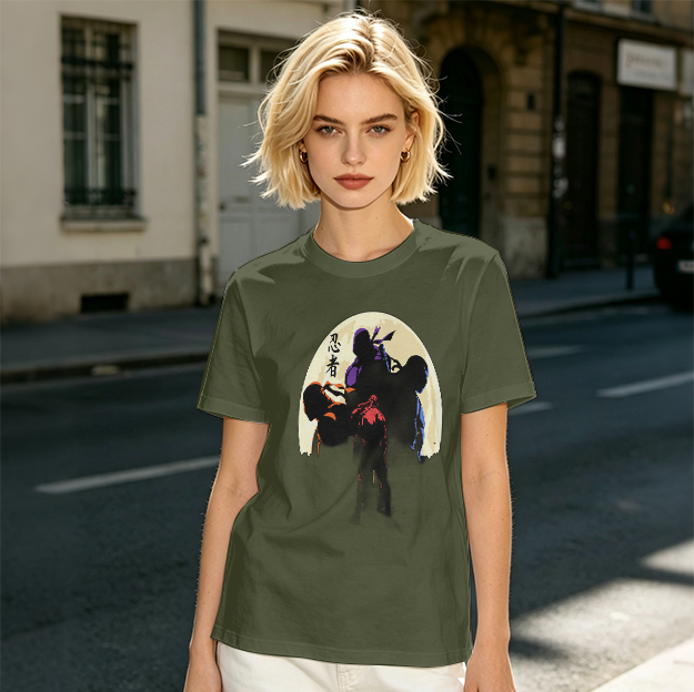 Olive T-shirt with Ninja Silhouette Graphic Design