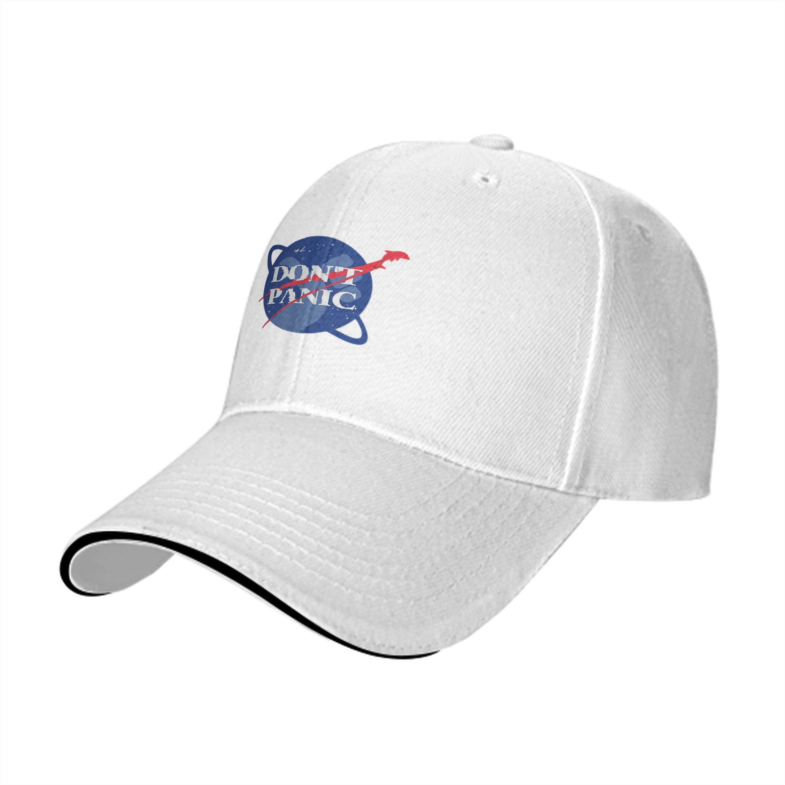 Black baseball cap with Don't Panic NASA-style space graphic