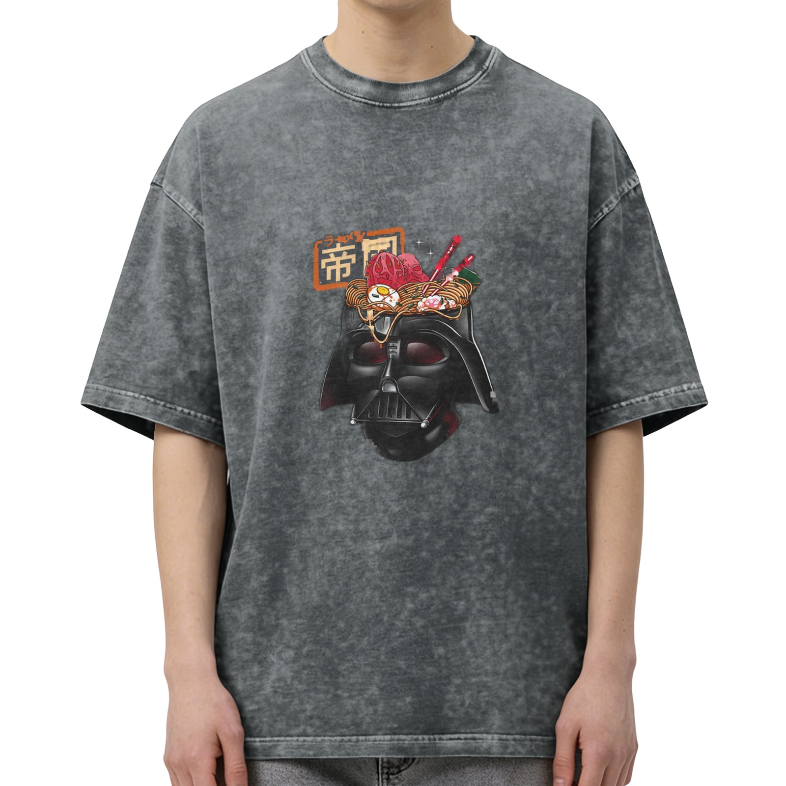 Washed Black T-Shirt With Darth Vader Ramen Graphic Print