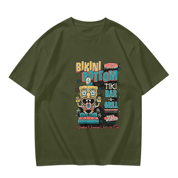 Olive T-Shirt with Bikini Bottom Tiki Bar Spongebob Graphic