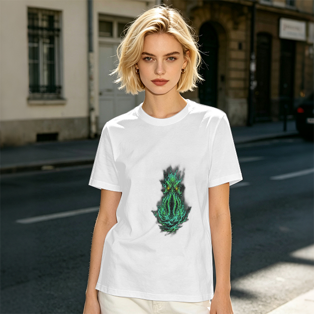 Olive Green T-Shirt With Glowing Cthulhu Monster Print