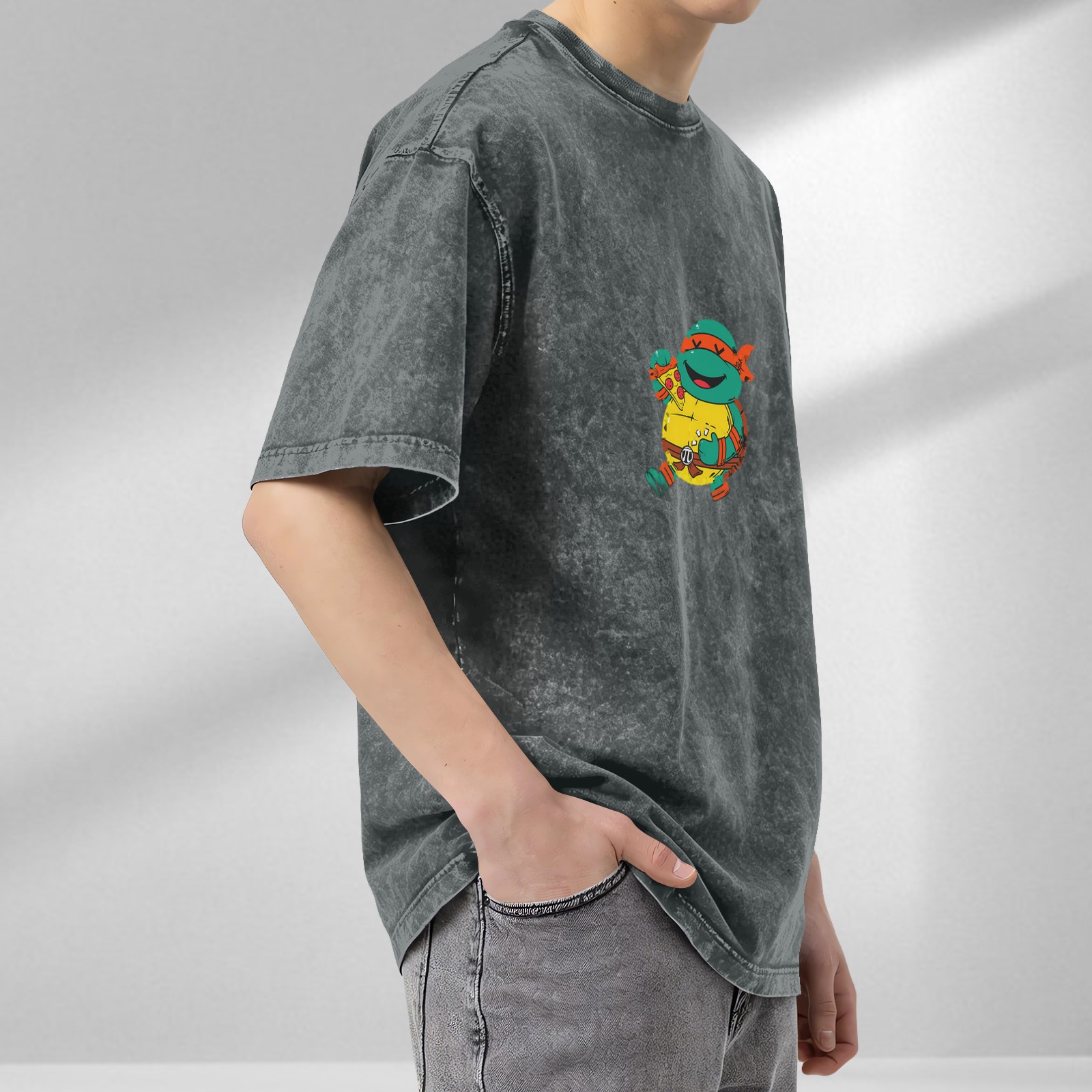 Washed Black Oversized T-Shirt with Cartoon Ninja Turtle Pizza Print