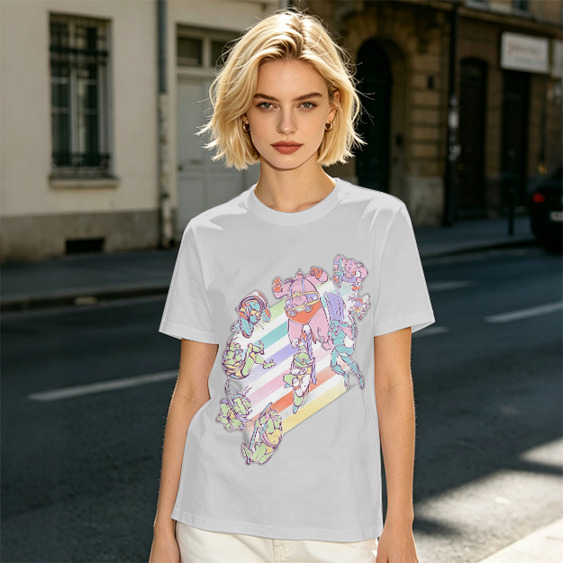 Olive Green T-Shirt With Pastel Whimsical Character Art Print