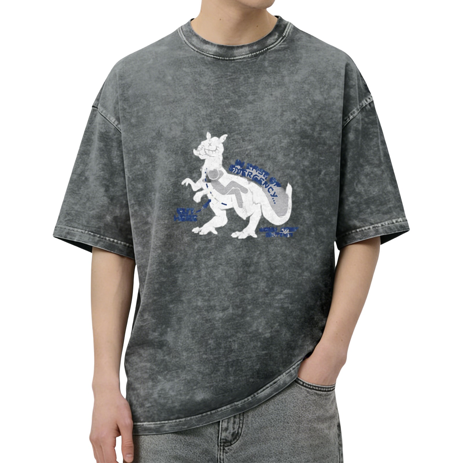 Oversized Acid Wash Graphic T-Shirt with Dinosaur Print