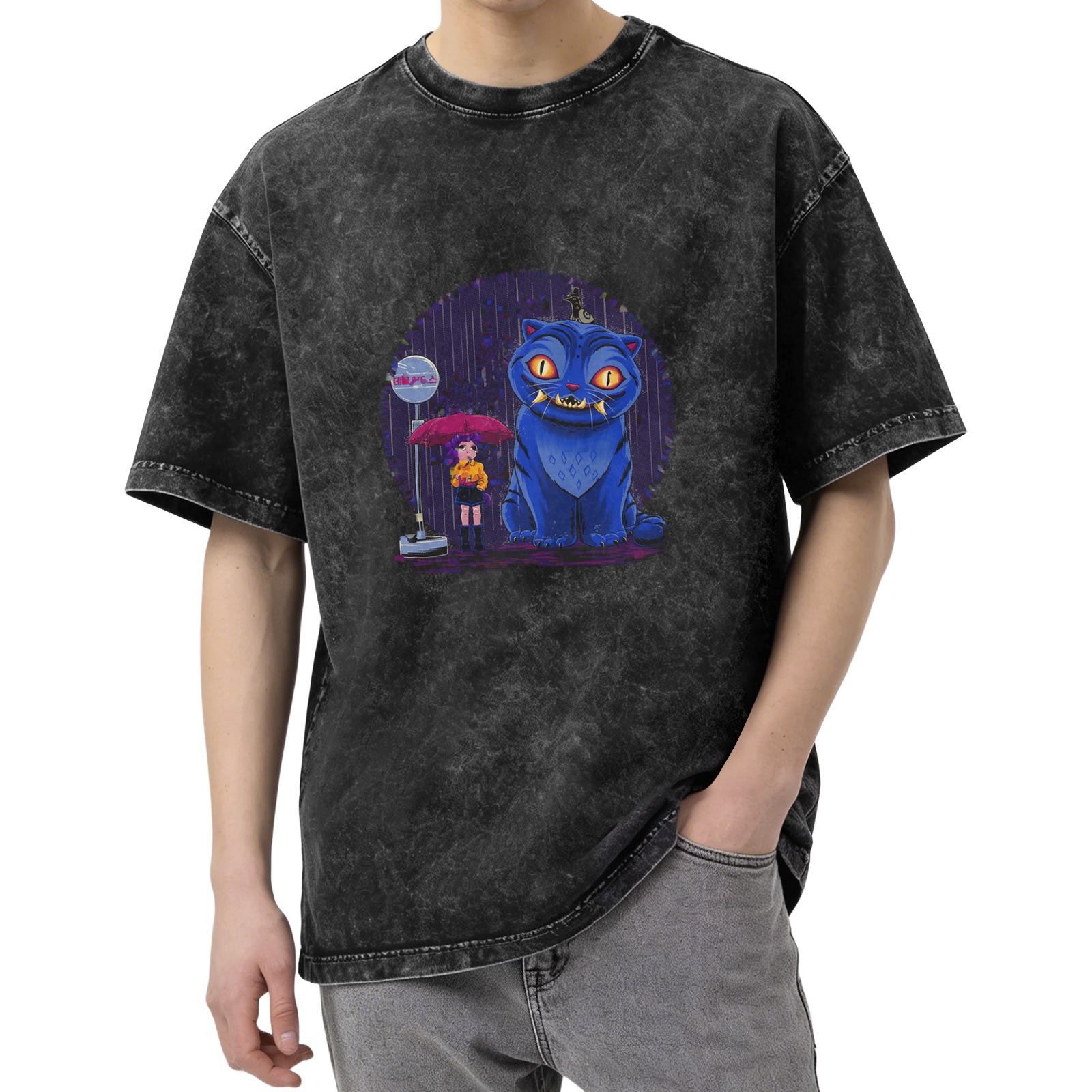 Oversized Acid Wash T-Shirt With Blue Cheshire Cat And Girl Graphic