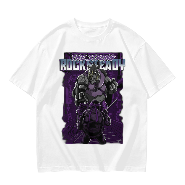 Olive green t-shirt featuring Rocksteady the strong mutant character