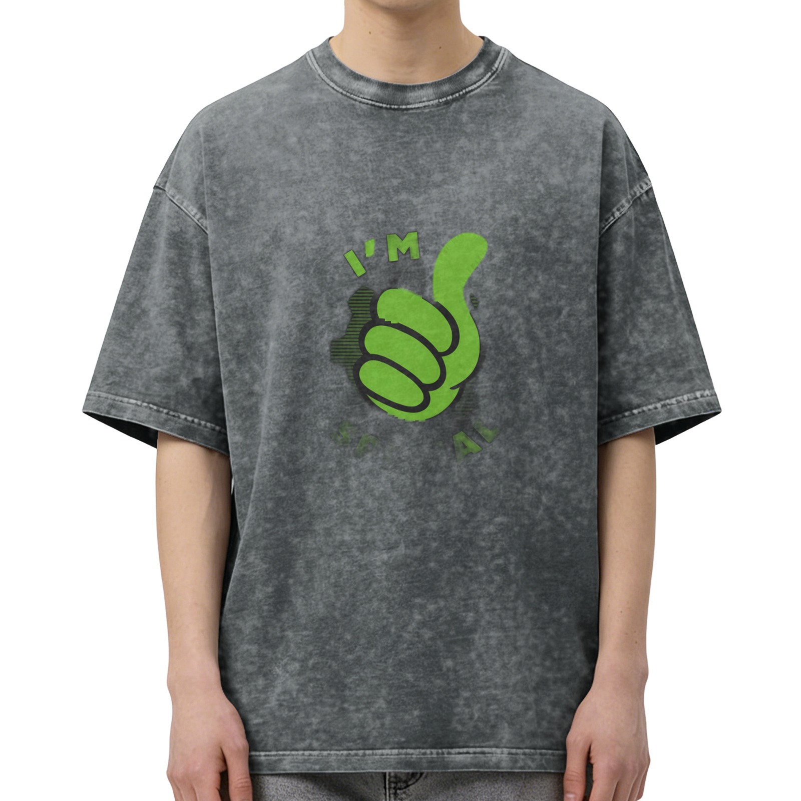 Oversized acid wash t-shirt with green thumbs up graphic
