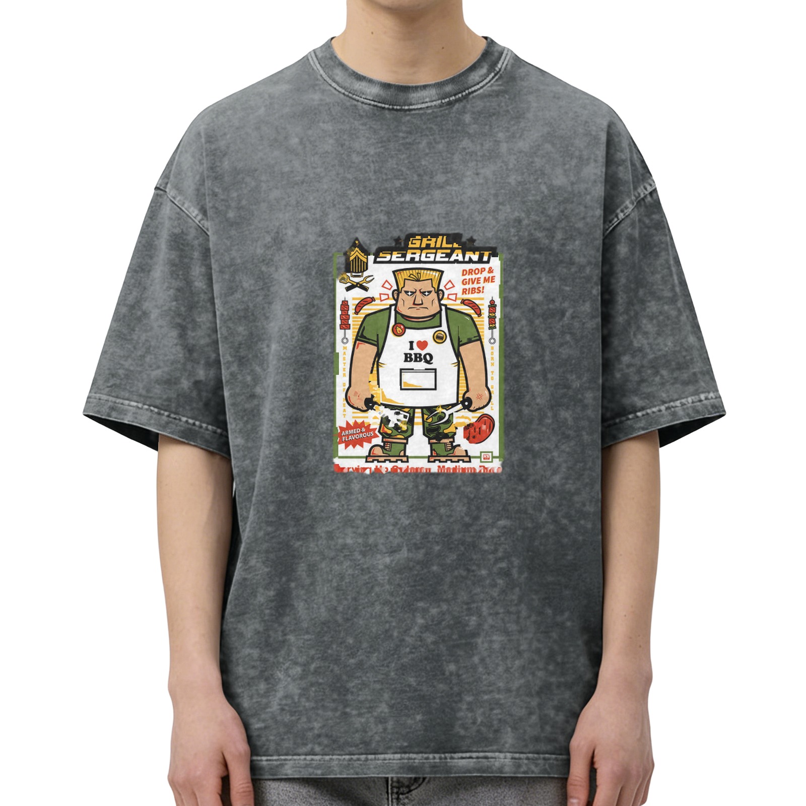 Washed black t-shirt with grill sergeant BBQ cartoon print