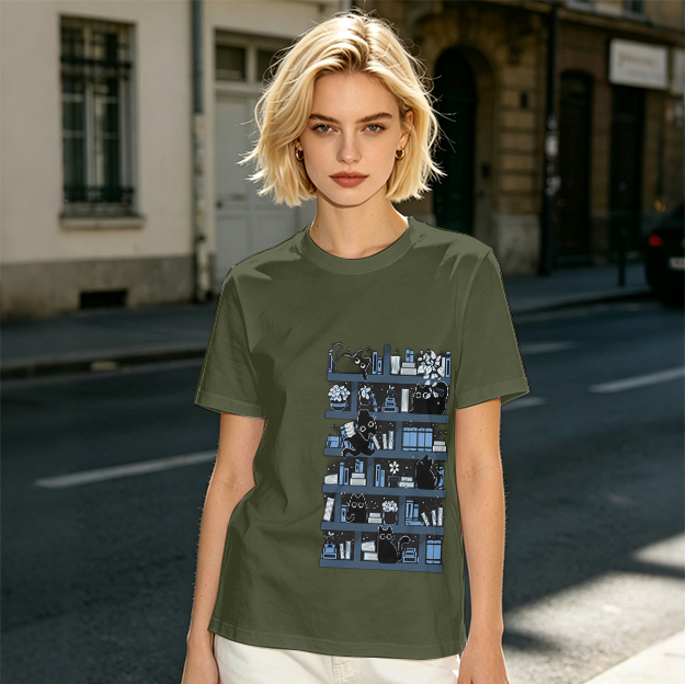 Olive Green T-Shirt With Black Cats On Bookshelves Graphic