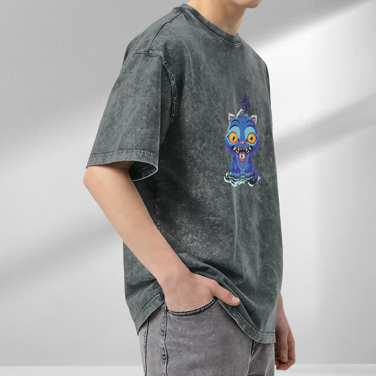 Oversized Acid Wash T-Shirt With Blue Monster Cat Graphic
