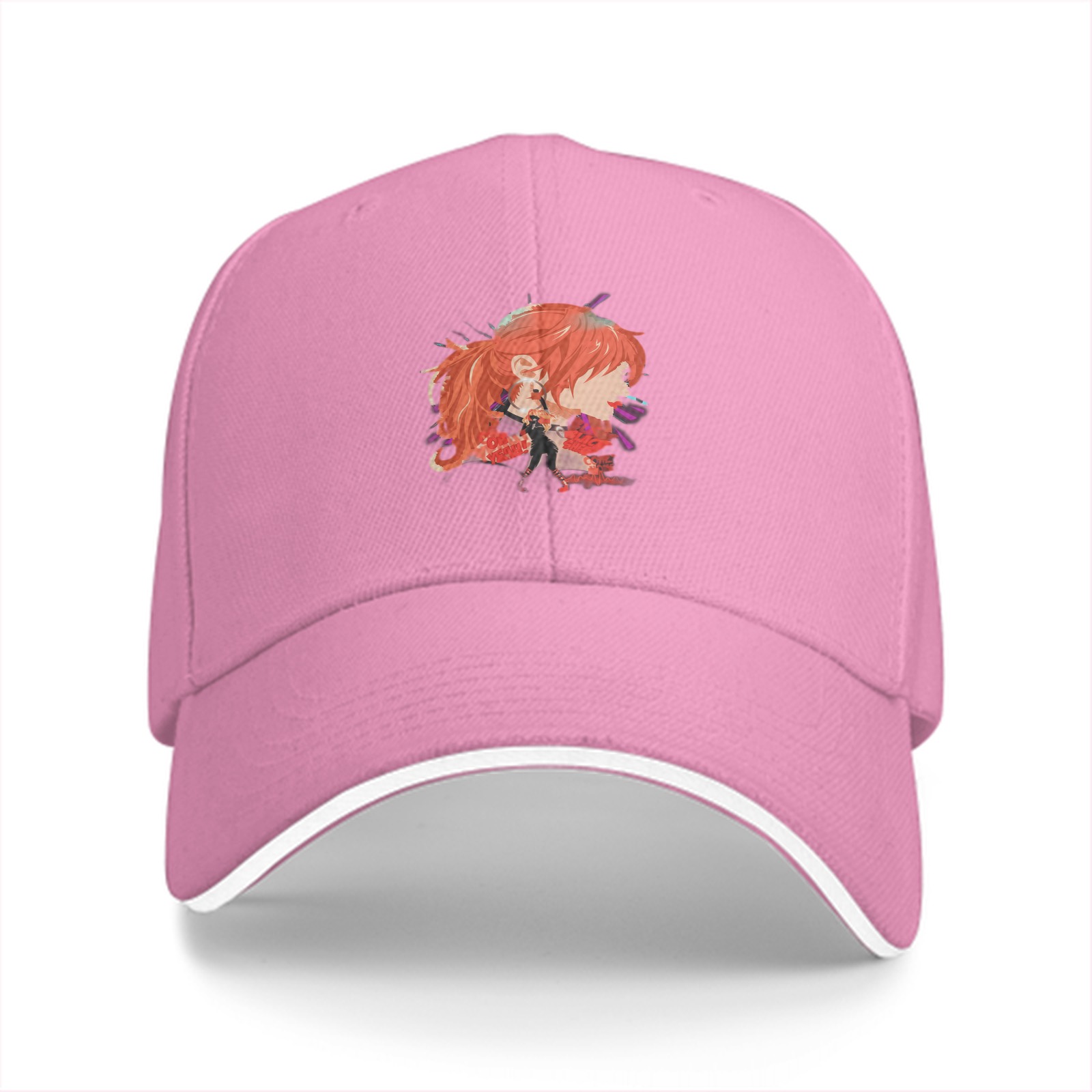 Black Baseball Cap with Anime Red-Haired Character Print