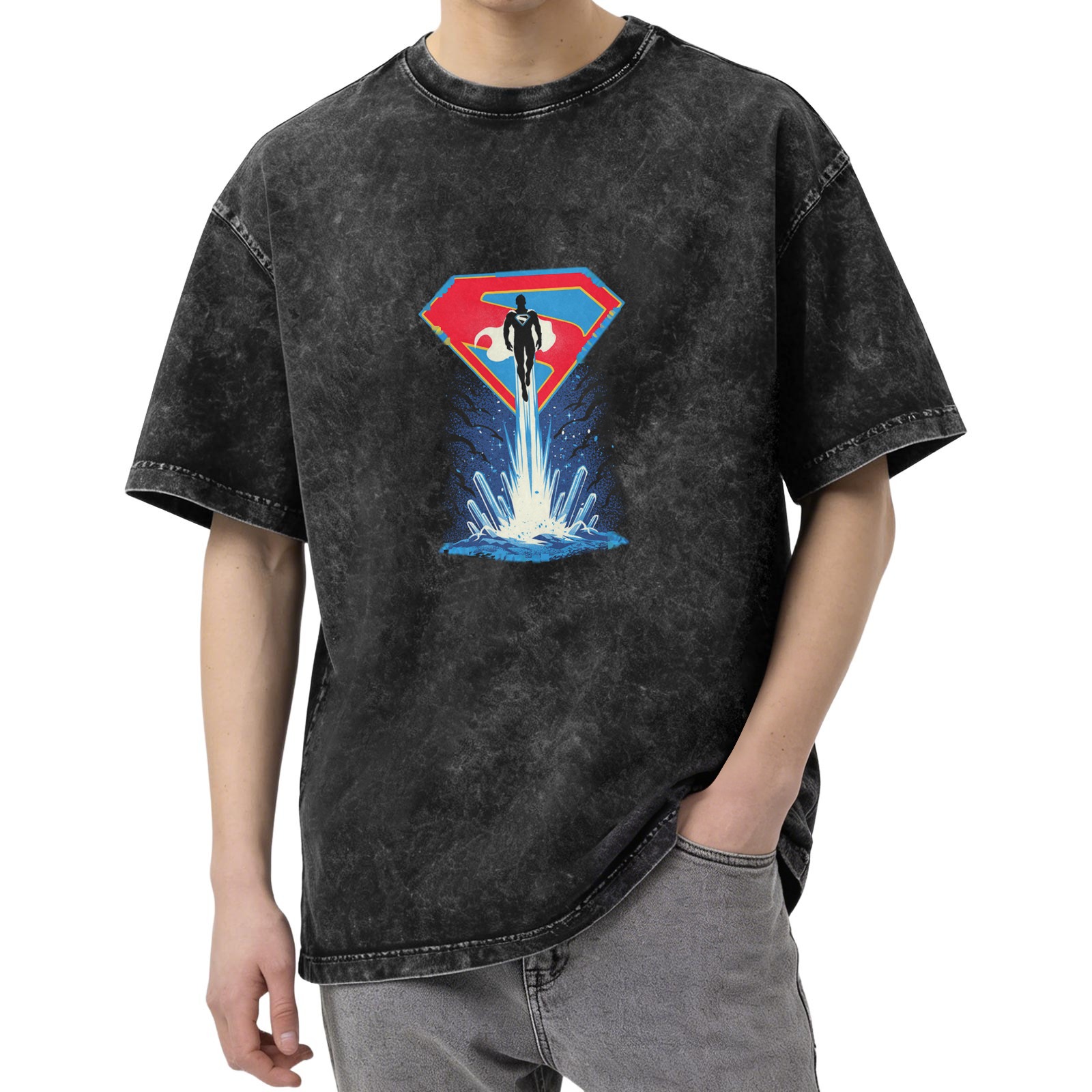 Washed Black T-Shirt with Superman Flying From Water Graphic