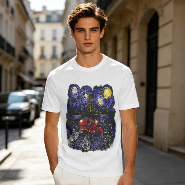 Olive T-Shirt with Starry Night Superhero Cityscape Art Print
