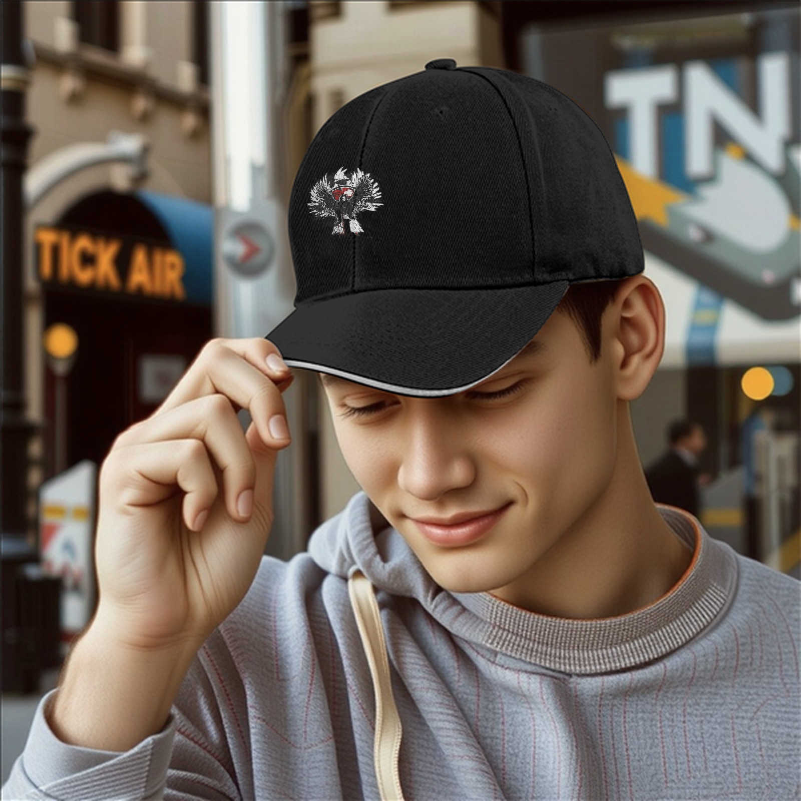 Black Baseball Cap With Spread Winged Eagle Graphic Design
