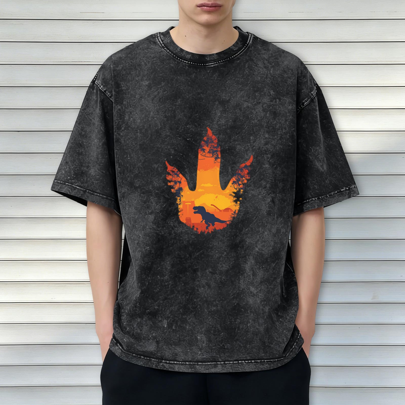 Washed Black Oversized T-Shirt with Dinosaur Footprint Sunset Graphic