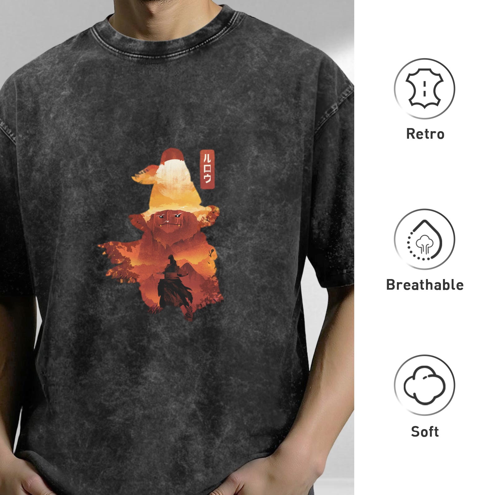 Oversized dark washed graphic t-shirt with wizard silhouette art
