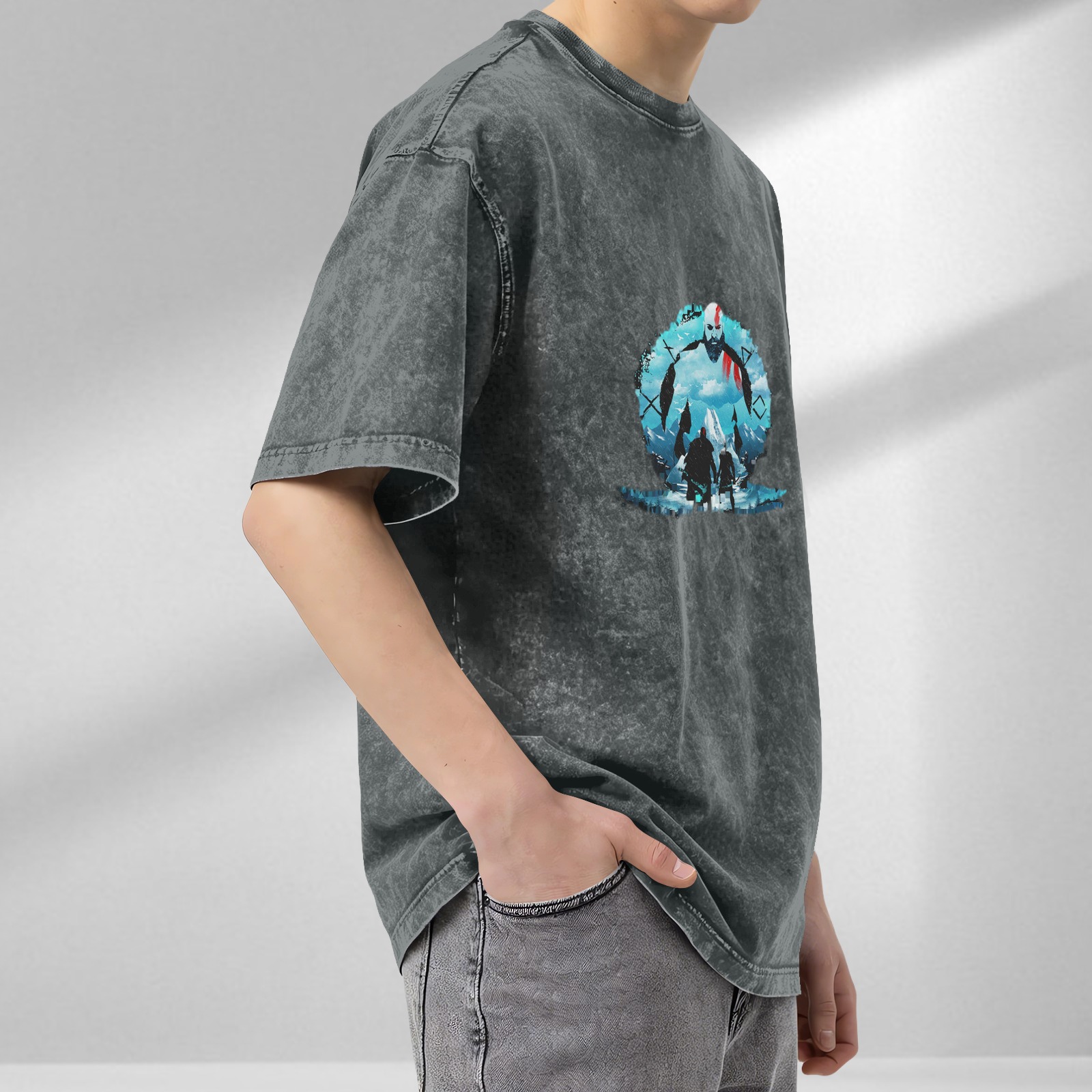 God of War Kratos & Atreus Graphic Print Stone Wash Oversized T-shirt