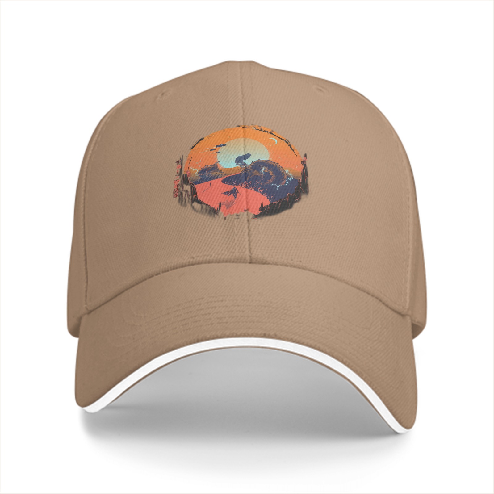 Black Baseball Cap with Sunset Landscape Graphic Print