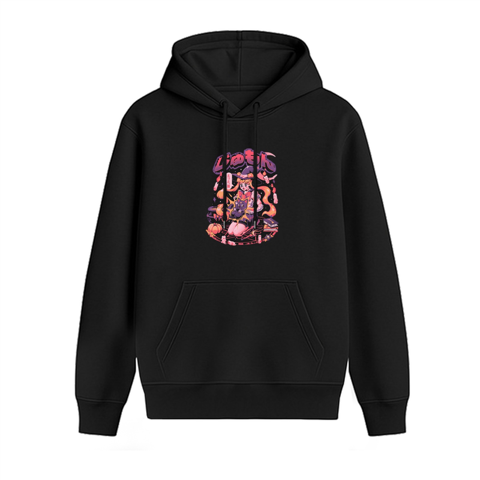 Black Hoodie with Anime Witch Themed Graphic Print