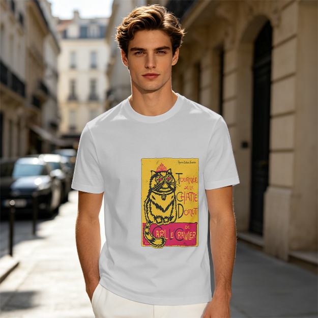 Olive T-shirt with a whimsical cat graphic print