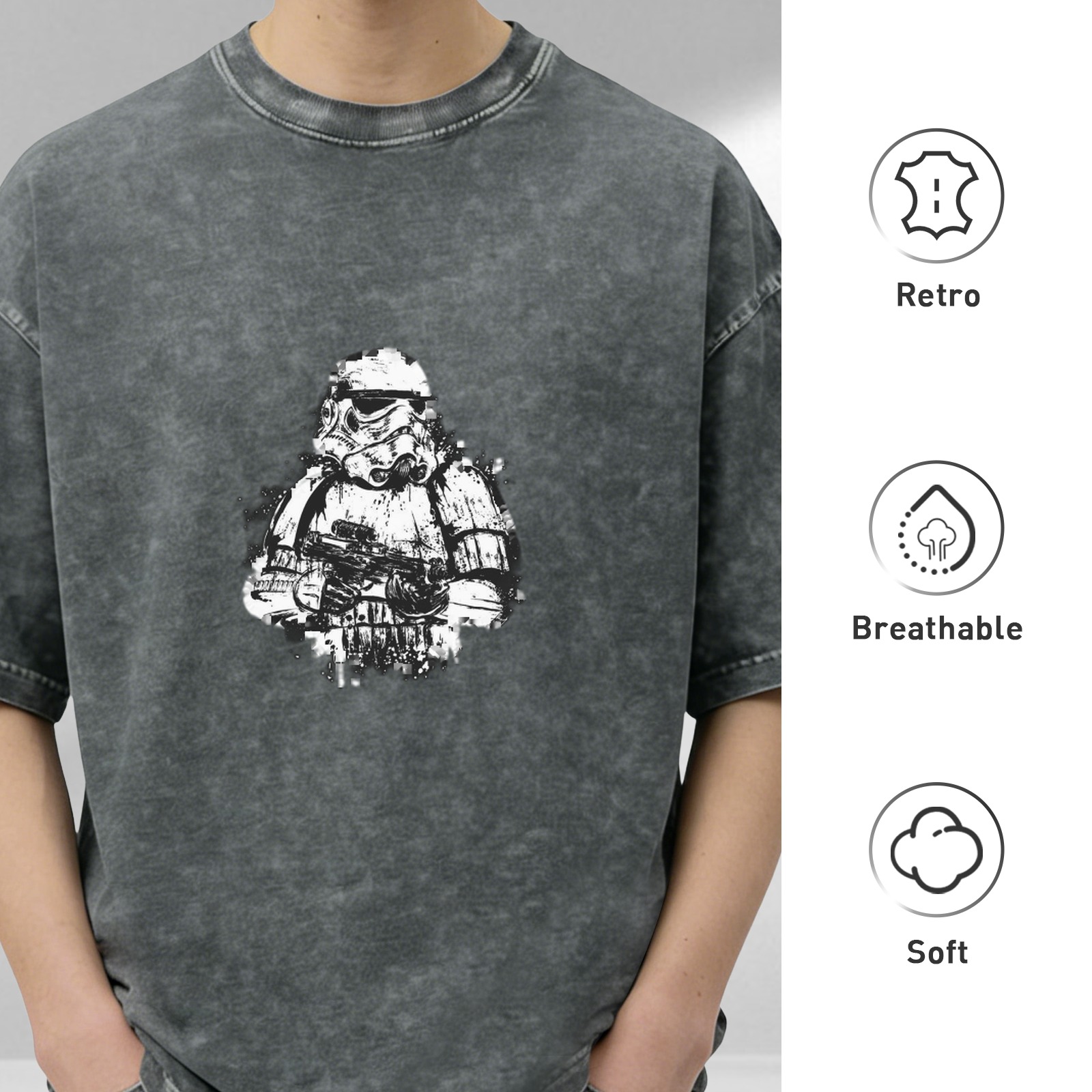 Oversized Acid Wash T-Shirt with Star Wars Stormtrooper Graphic