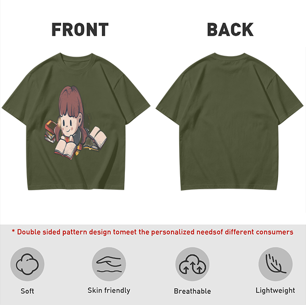 Olive T-shirt with Charming Girl Reading Books Graphic